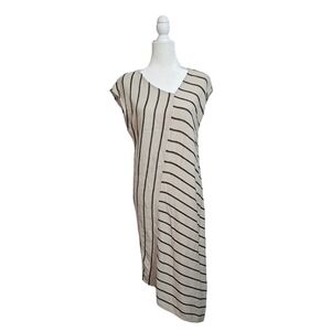 For Cynthia asymmetrical beige black stripes sleeveless linen blend dress small